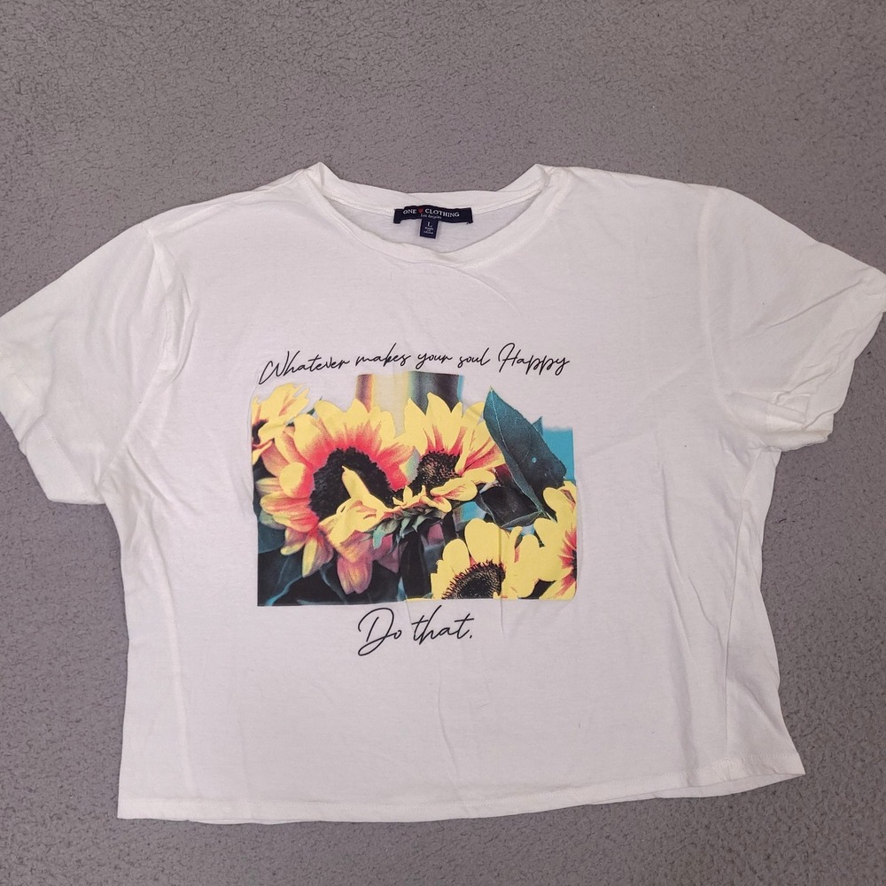 Sun Flower Happy T-Shirt Womens Large White Cropped One Clothing Crop Top